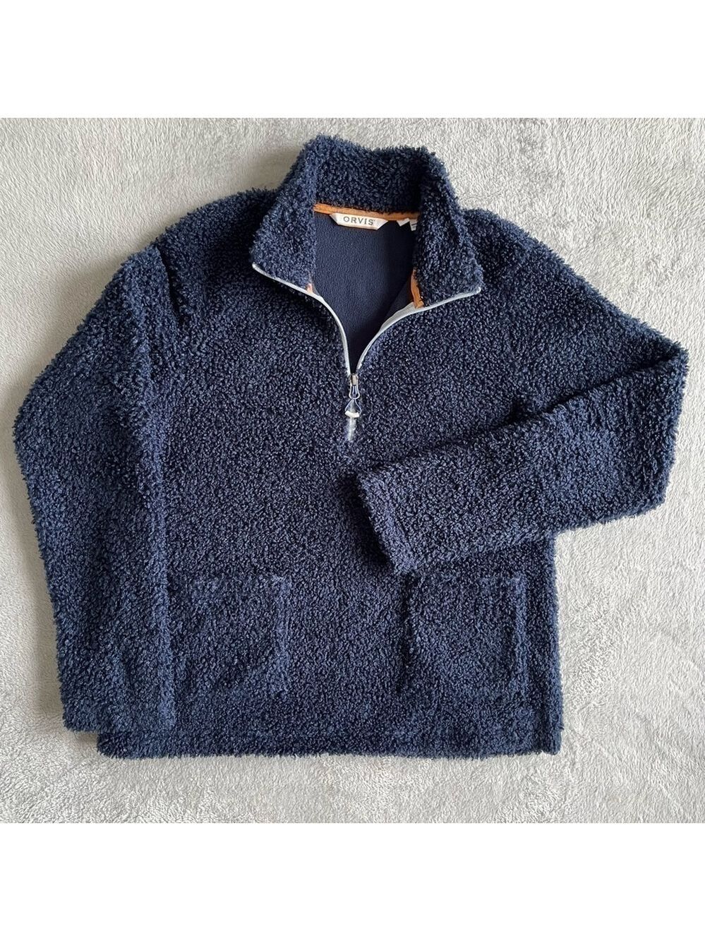 Orvis Navy Sherpa Lined Quarter Zip Pullover Sweater Size Small